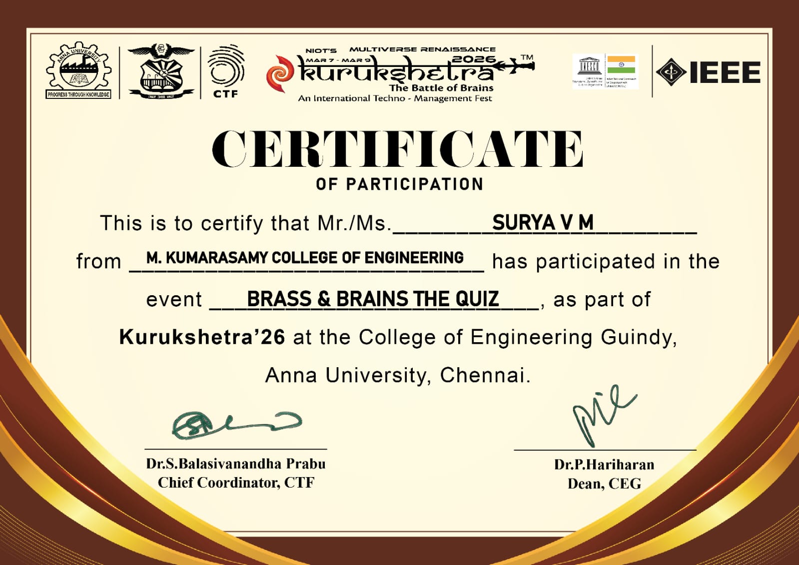 Kurukshetra Achievement - Anna University
